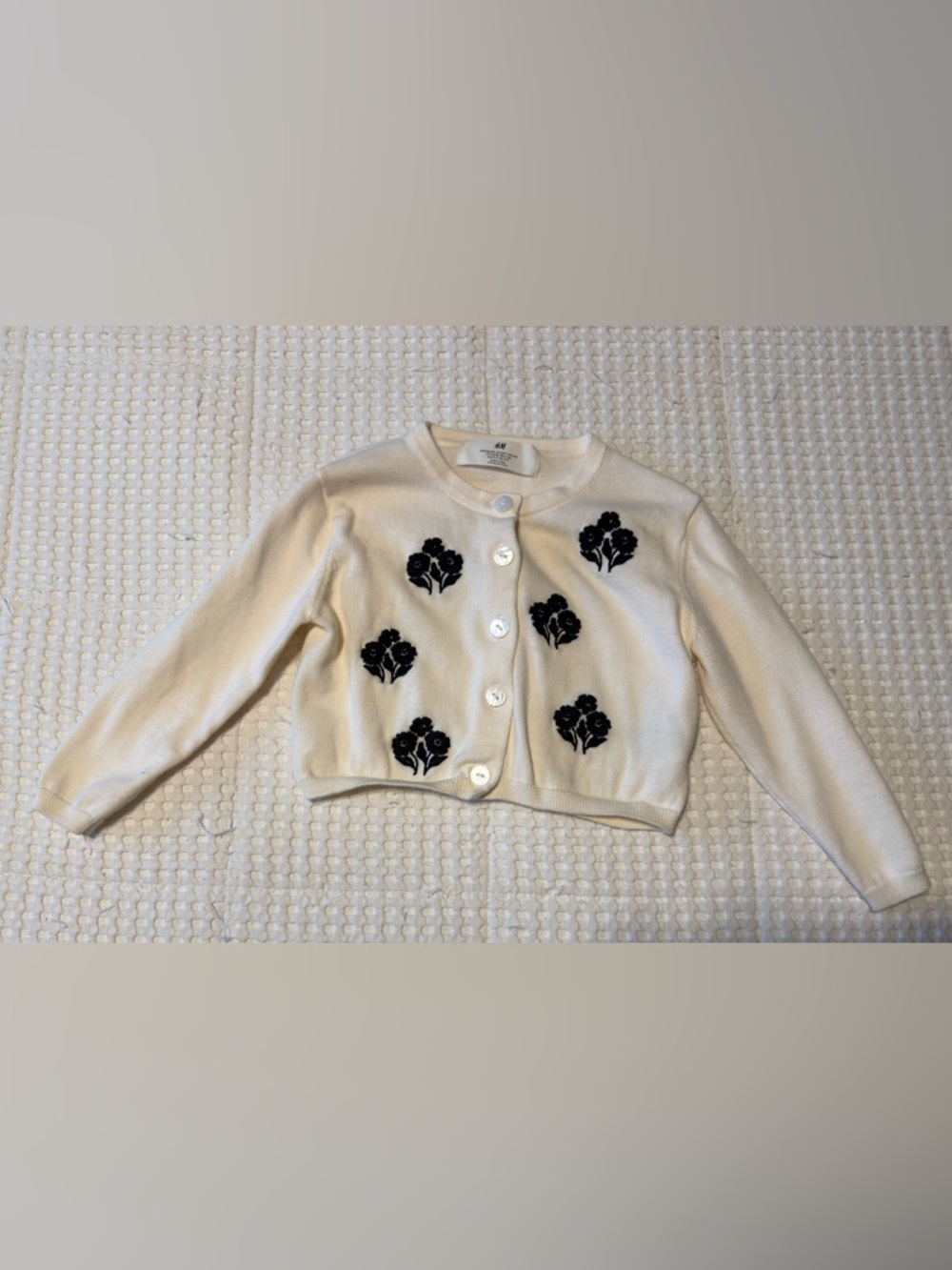 H&M White Cardigan with Black Floral Embroidery